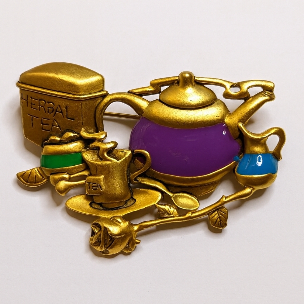 Vintage Danecraft Tea Time Enamel‎ Brooch – Herbal Tea Theme